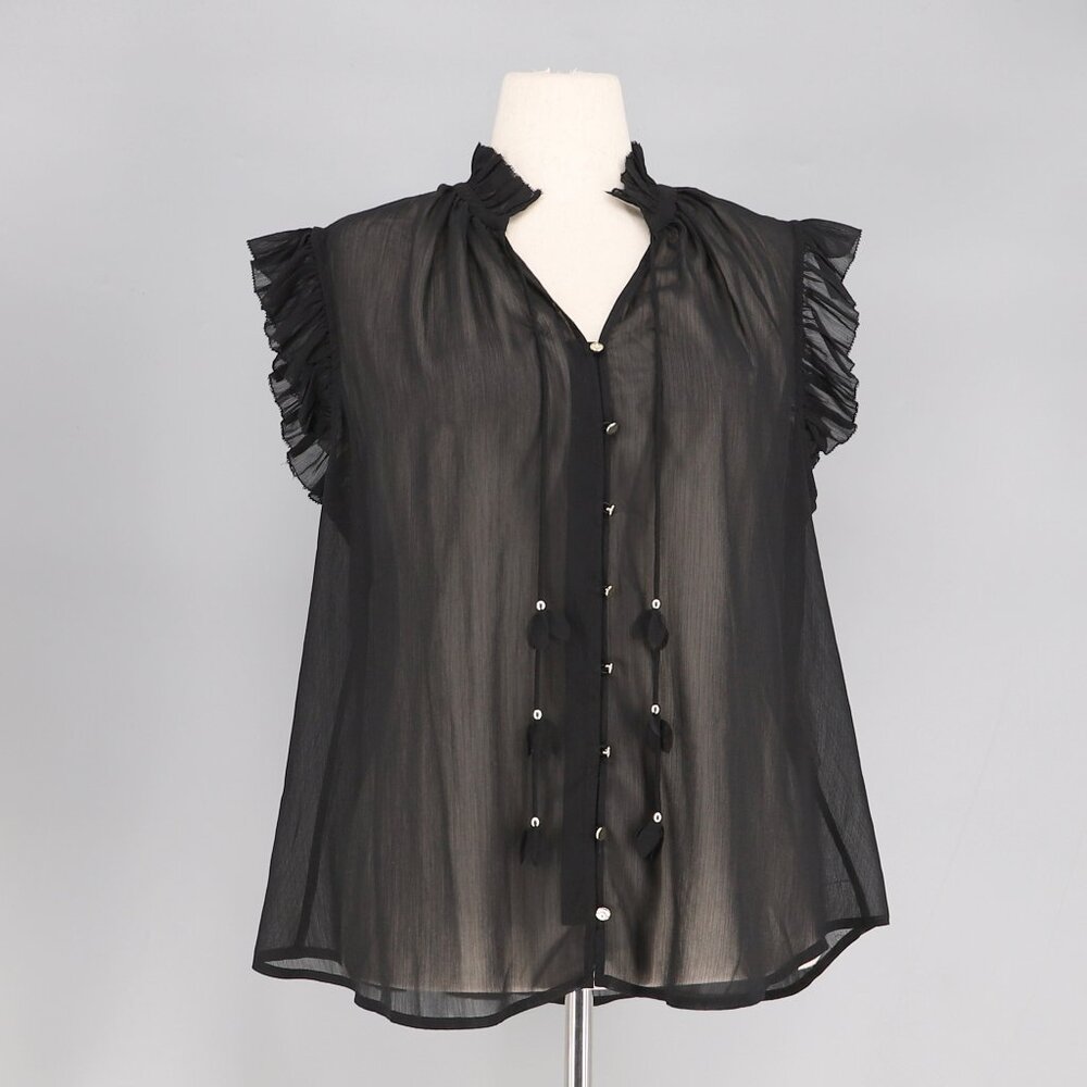NWT CHICO'S Ruffle Collar Sheer Crinkle Chiffon Blouse Top Tie Front Size 2/12